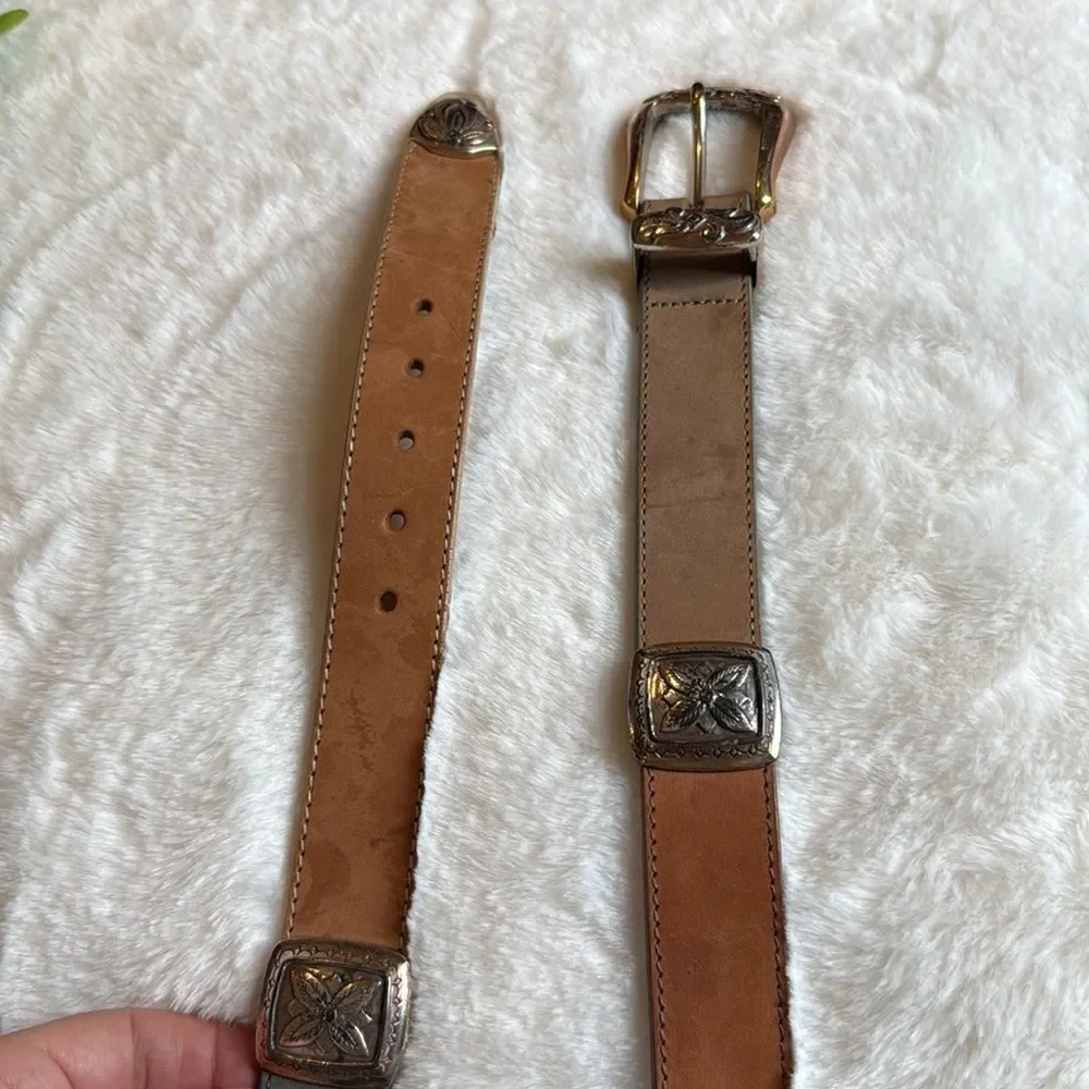 Vintage 90s Multicolor Leather Western Belt with Silver-Tone Buckle - Brighton